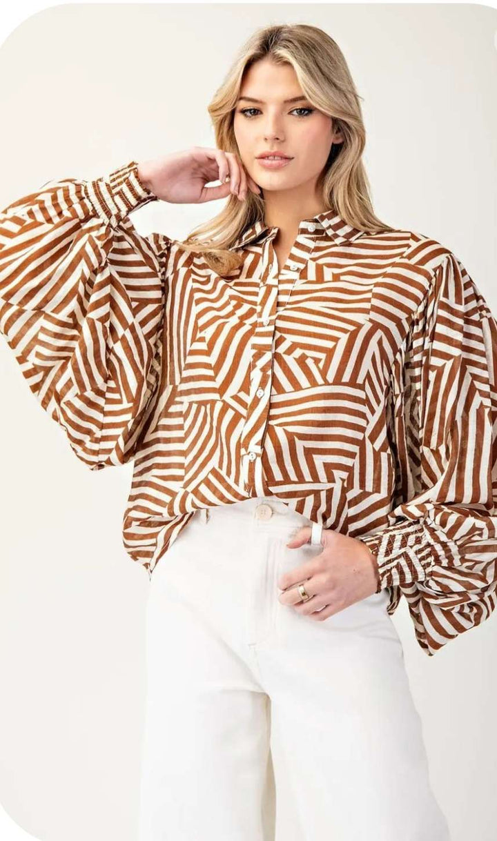 Coco geometric stripe bubble sleeve top for women – modern puff sleeve blouse with bold patterned stripes, ideal for casual chic or office wear