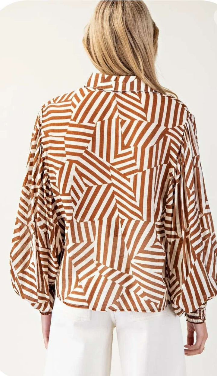 Coco geometric stripe bubble sleeve top for women – modern puff sleeve blouse with bold patterned stripes, ideal for casual chic or office wear