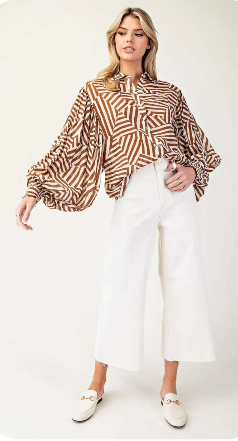 Coco geometric stripe bubble sleeve top for women – modern puff sleeve blouse with bold patterned stripes, ideal for casual chic or office wear