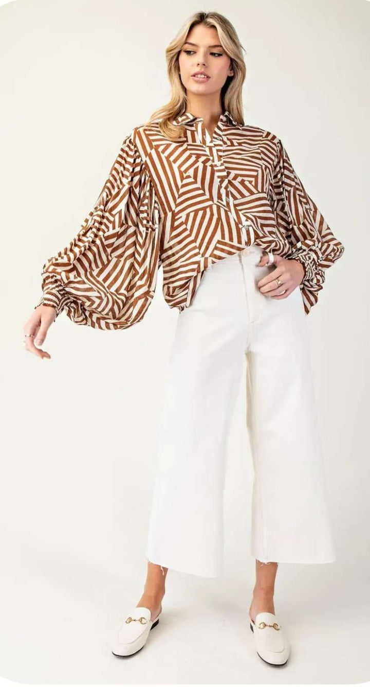 Coco geometric stripe bubble sleeve top for women – modern puff sleeve blouse with bold patterned stripes, ideal for casual chic or office wear