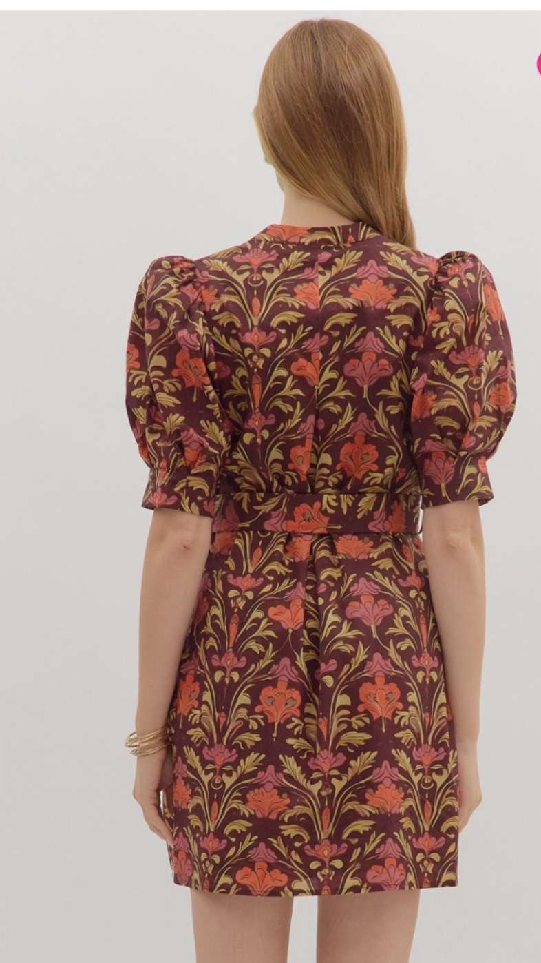 Burgundy floral print belted dress with a flattering waist tie and flowy silhouette, perfect for casual or semi-formal occasions.