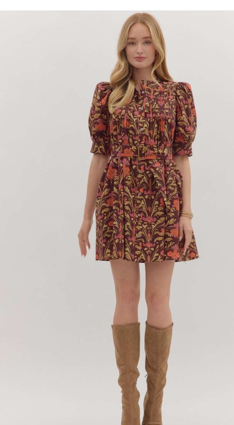 Burgundy floral print belted dress with a flattering waist tie and flowy silhouette, perfect for casual or semi-formal occasions.