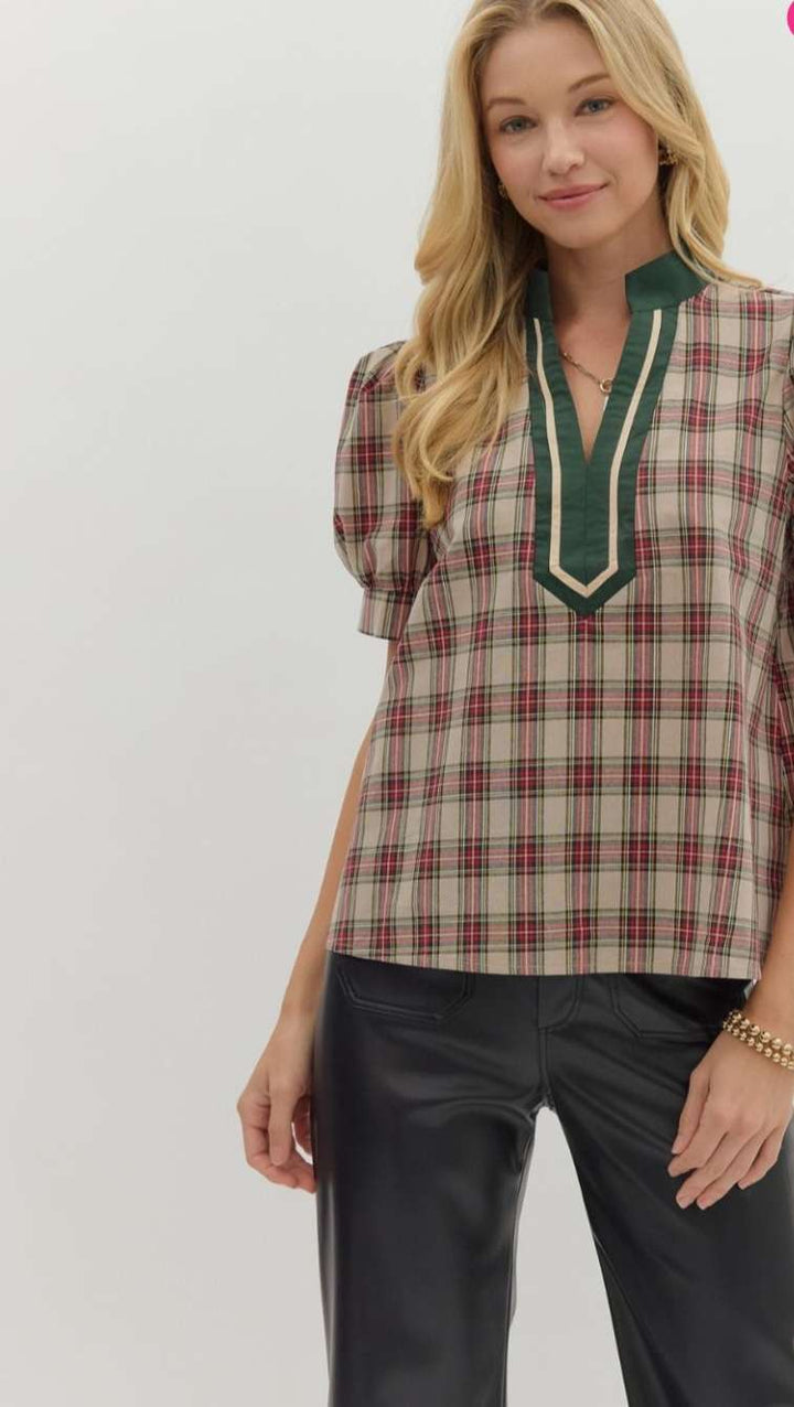 Trendy taupe/green plaid top – classic fall wardrobe staple