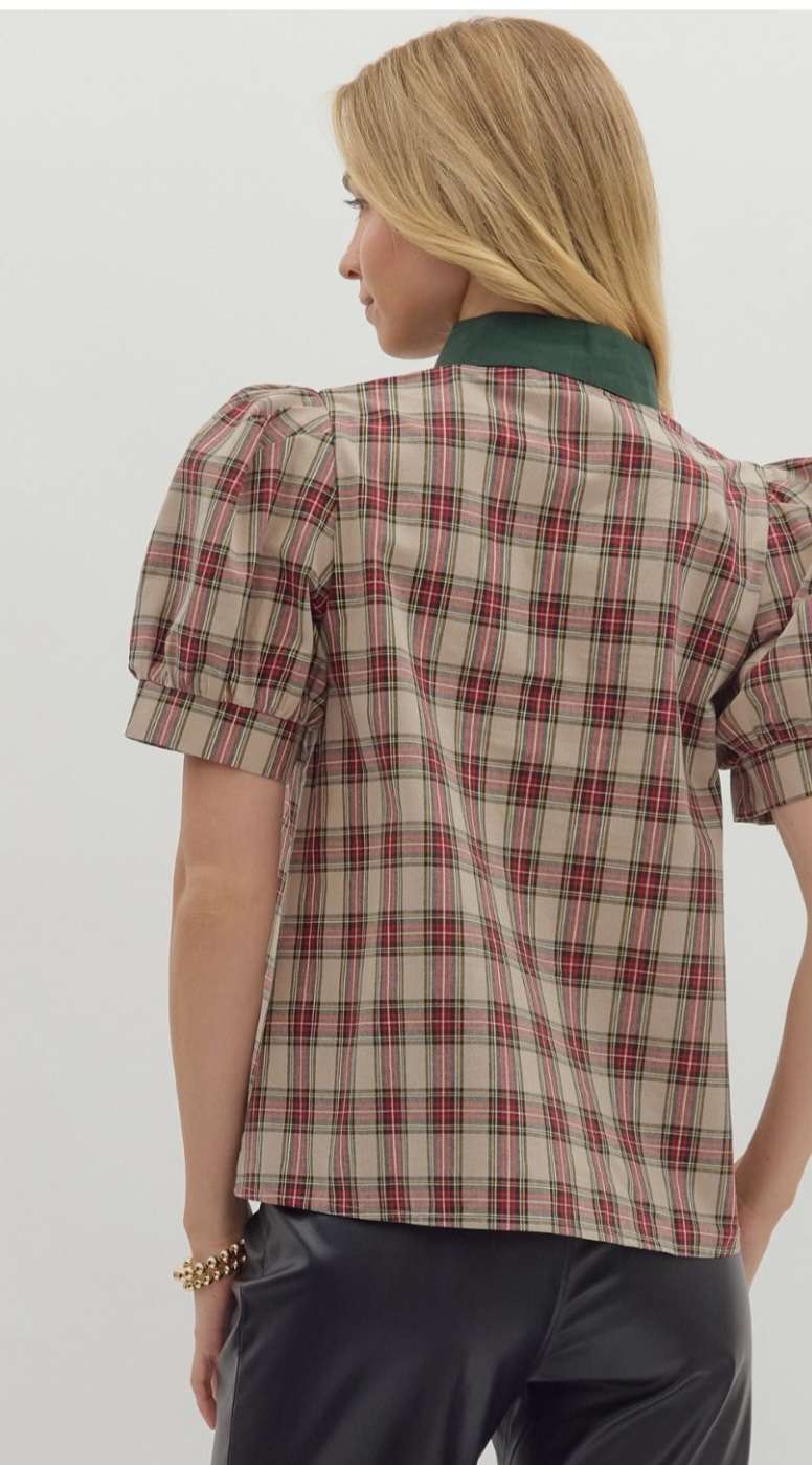 Trendy taupe/green plaid top – classic fall wardrobe staple