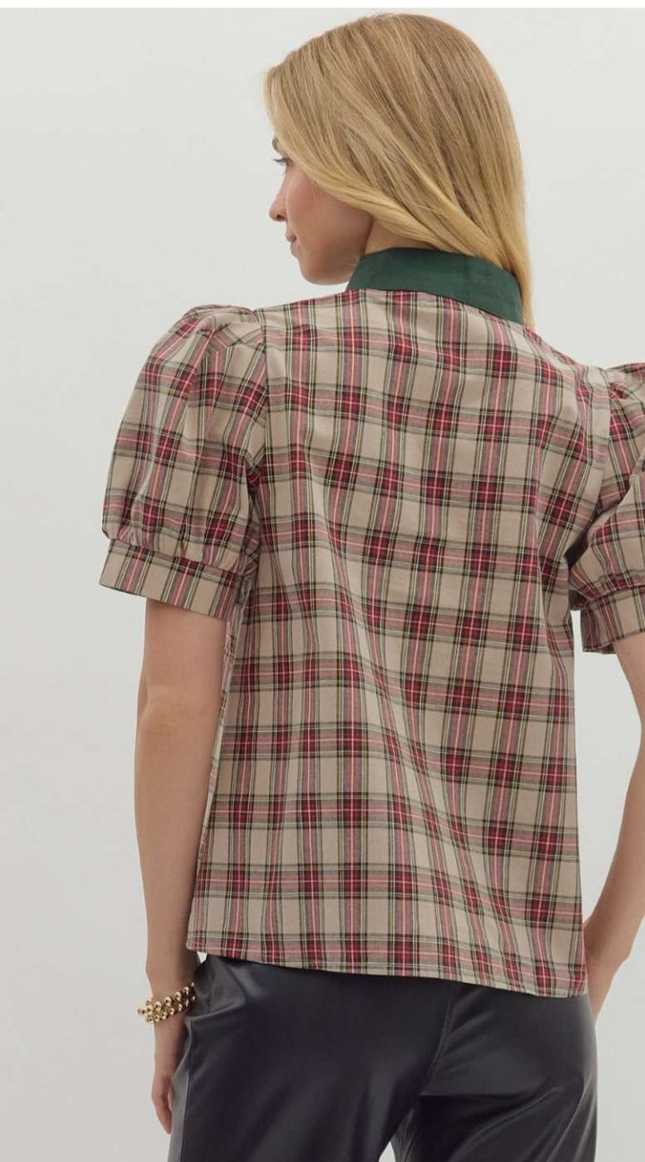 Trendy taupe/green plaid top – classic fall wardrobe staple