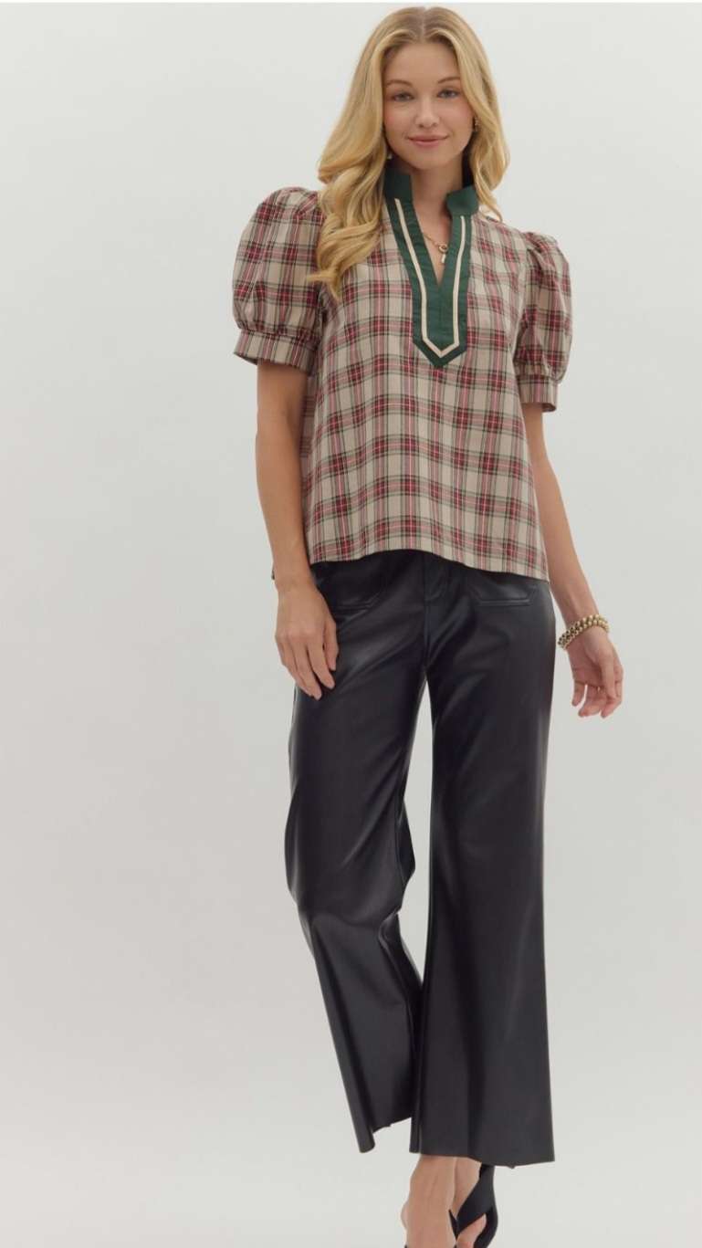 Trendy taupe/green plaid top – classic fall wardrobe staple