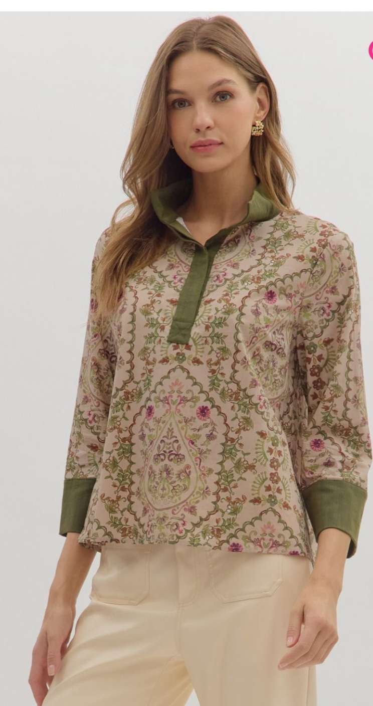 Taupe paisley print women’s top with elegant pattern and comfortable fit.