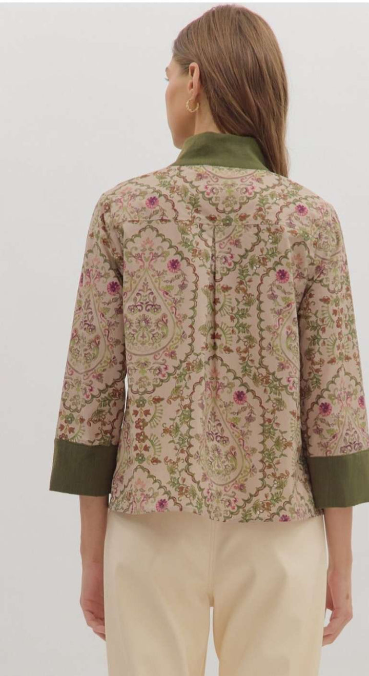 Taupe paisley print women’s top with elegant pattern and comfortable fit.