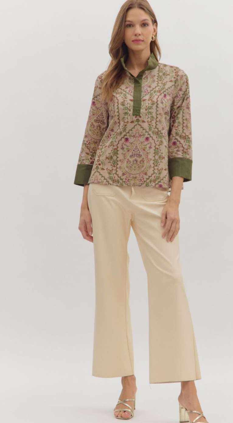 Taupe paisley print women’s top with elegant pattern and comfortable fit.