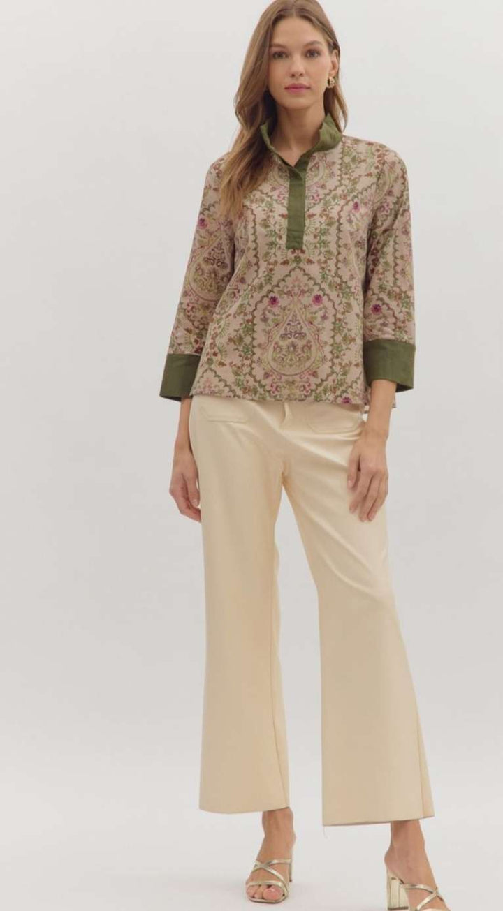 Taupe paisley print women’s top with elegant pattern and comfortable fit.