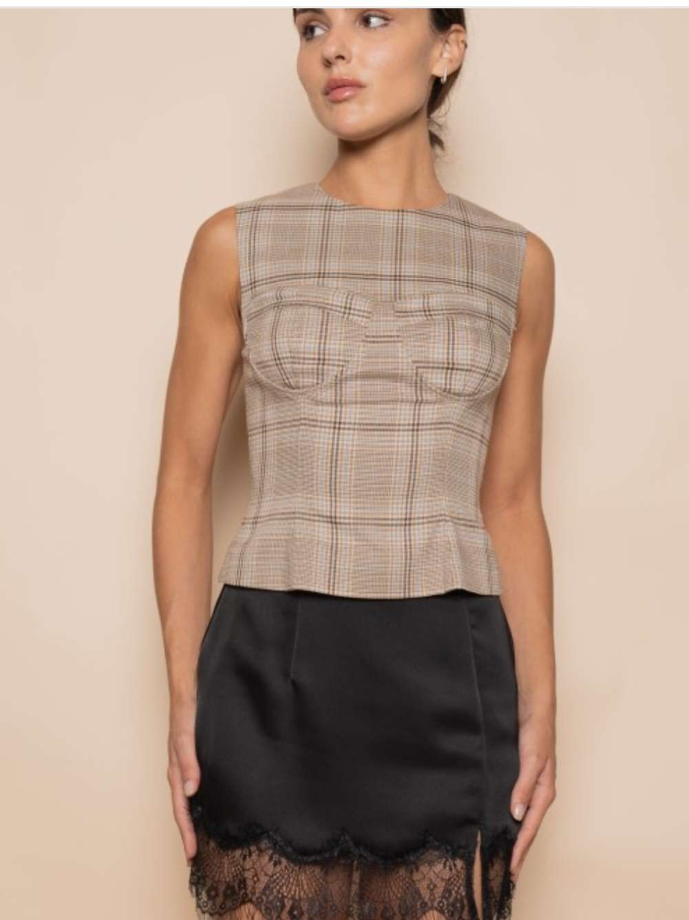 Chic beige plaid bustier top styled for streetwear look with oversized blazer and trousers