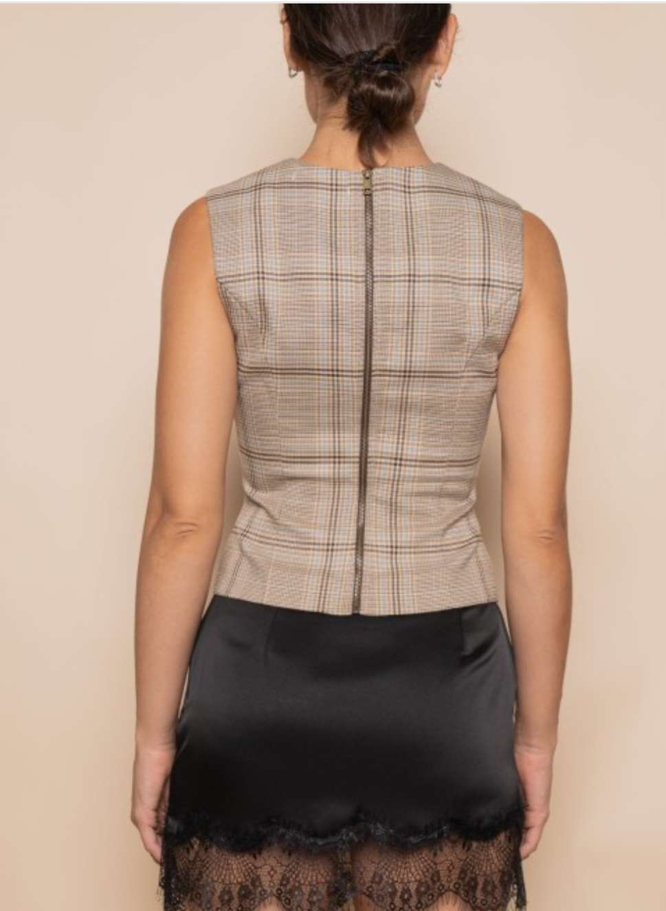 Chic beige plaid bustier top styled for streetwear look with oversized blazer and trousers