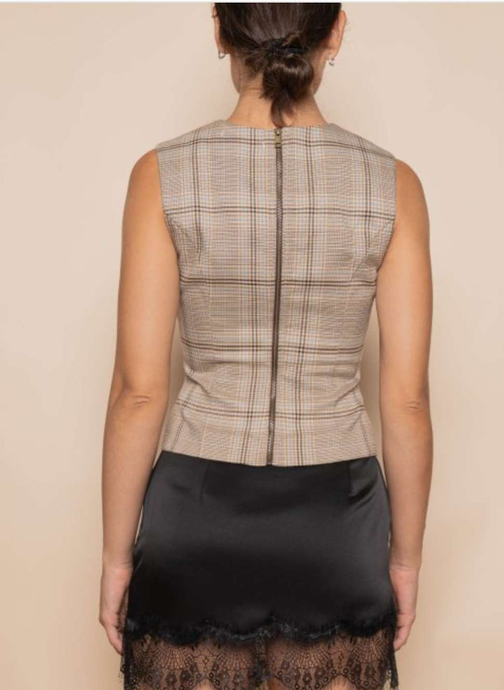 Chic beige plaid bustier top styled for streetwear look with oversized blazer and trousers