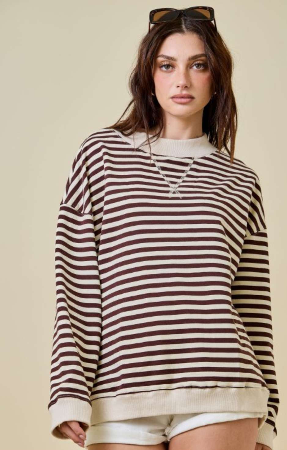 Chocolate and ivory striped sweatshirt with long sleeves, relaxed fit, and cozy casual style for women