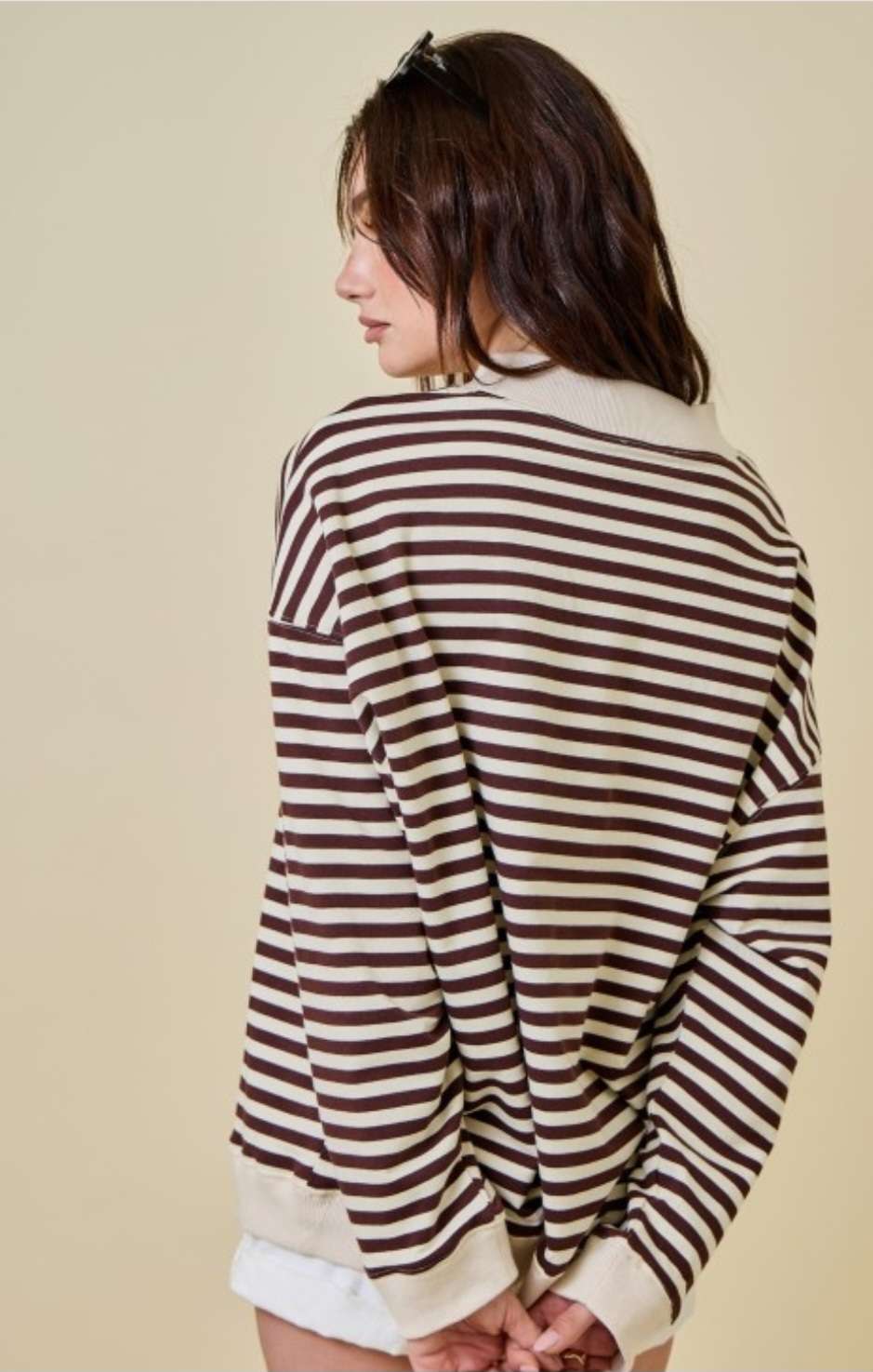 Chocolate and ivory striped sweatshirt with long sleeves, relaxed fit, and cozy casual style for women