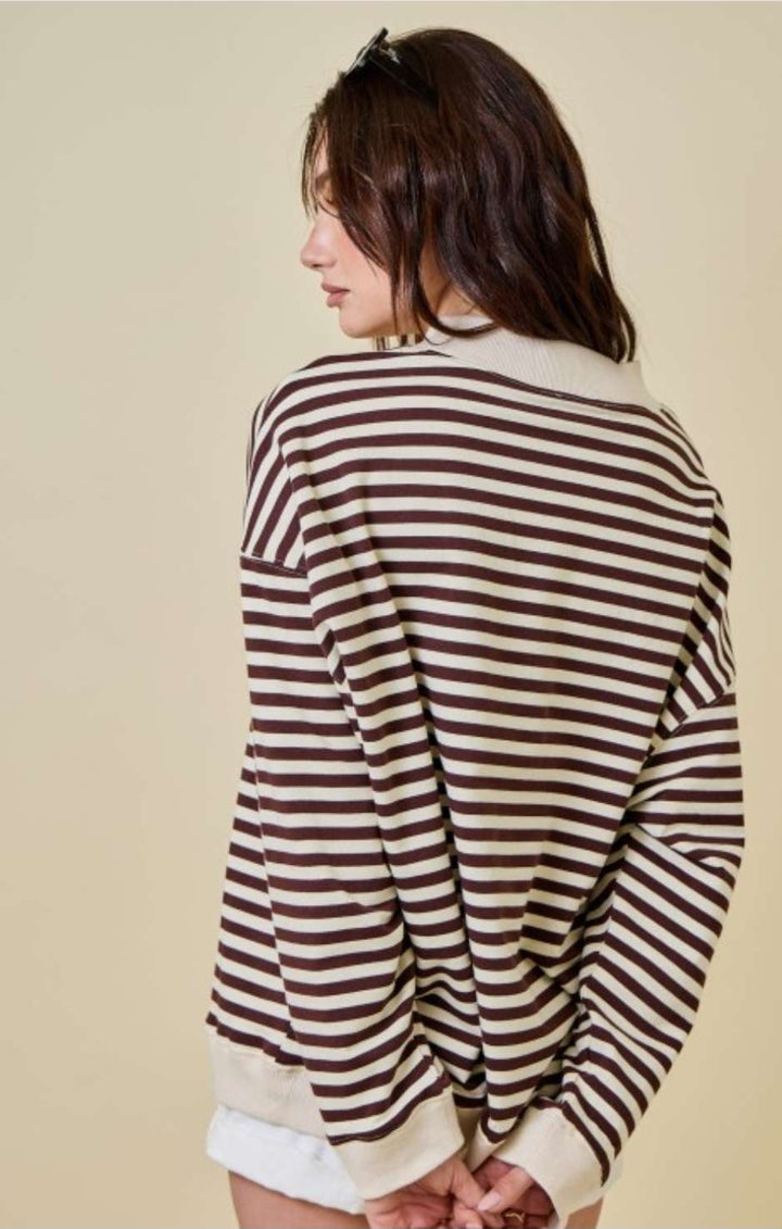 Chocolate and ivory striped sweatshirt with long sleeves, relaxed fit, and cozy casual style for women