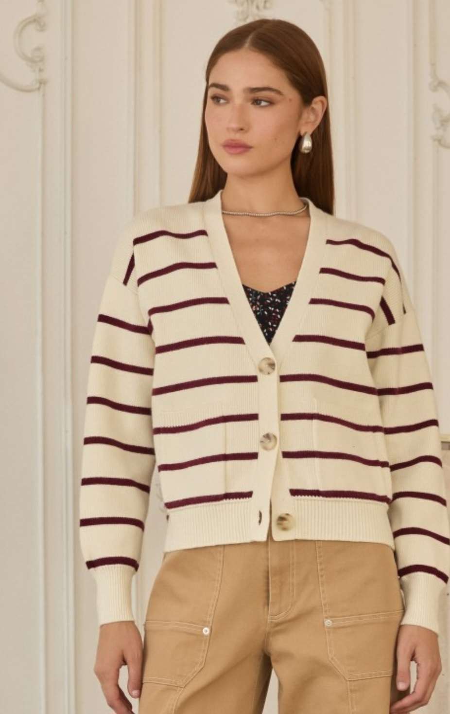 Burgundy stripe cardigan with long sleeves, button-down front, and lightweight knit fabric – stylish casual layering top for women
