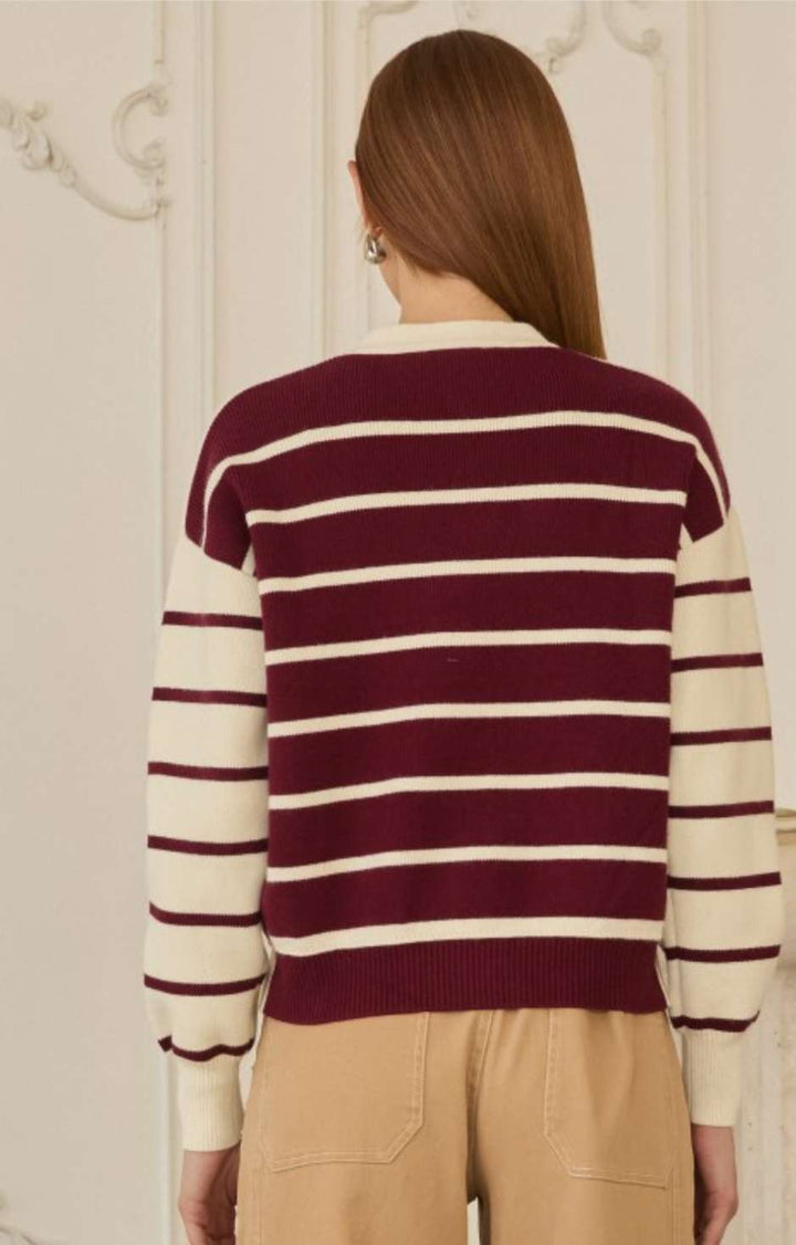 Burgundy stripe cardigan with long sleeves, button-down front, and lightweight knit fabric – stylish casual layering top for women