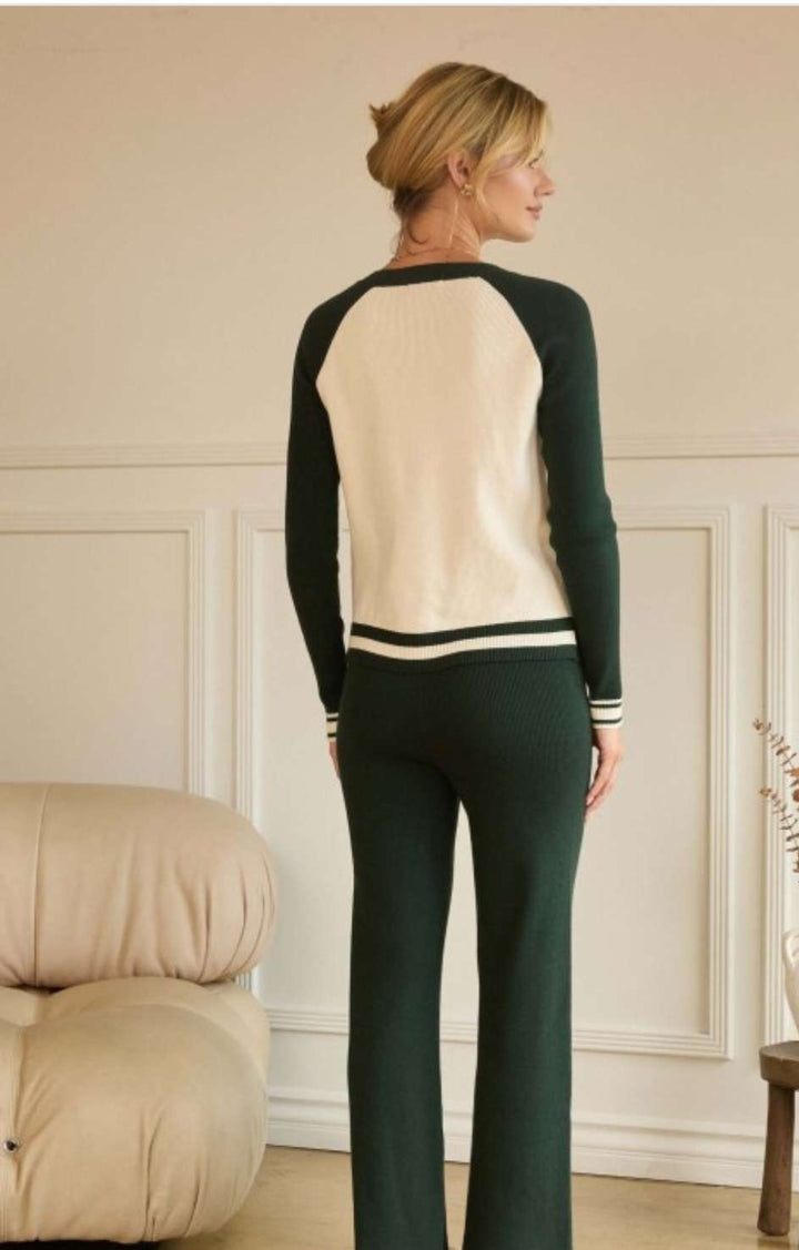 Green and ivory color block sweater for women, long sleeves, crew neck, soft knit fabric – stylish casual pullover for fall and winter layering