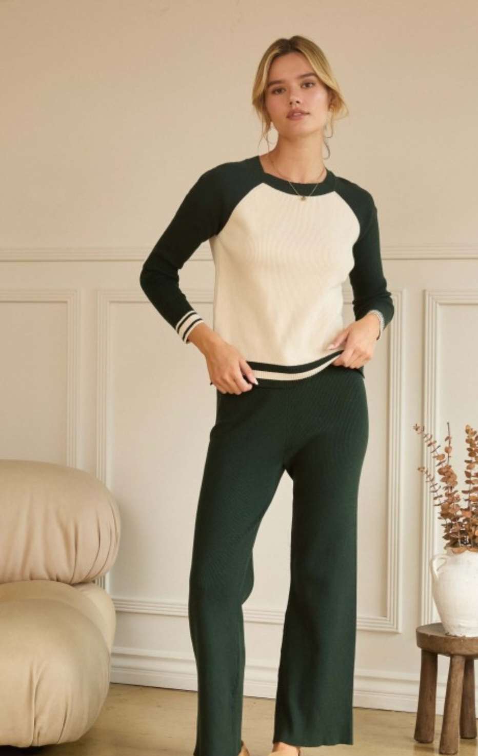 Green and ivory color block sweater for women, long sleeves, crew neck, soft knit fabric – stylish casual pullover for fall and winter layering