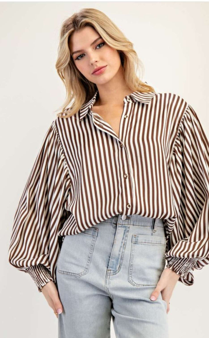 write seo optimized alt text for BROWN STRIPE button BLOUSE