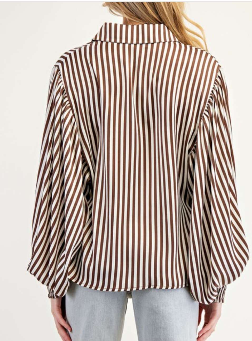 write seo optimized alt text for BROWN STRIPE button BLOUSE