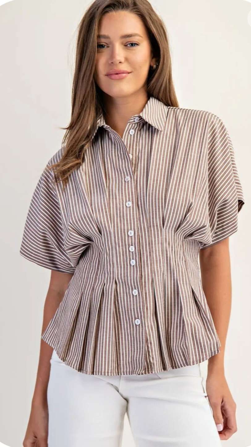 Coco-colored striped blouse featuring pleated detailing and button-down front.