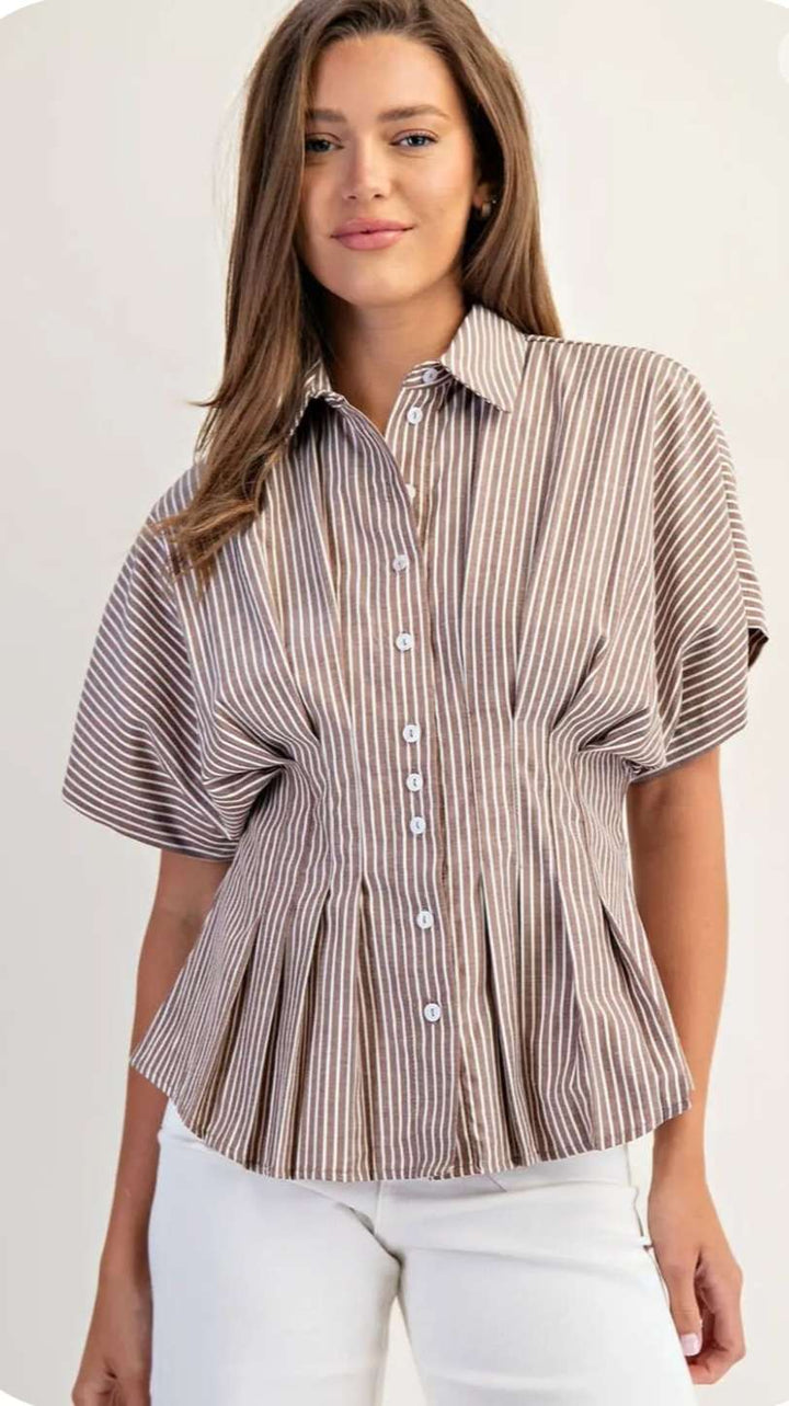 Coco-colored striped blouse featuring pleated detailing and button-down front.