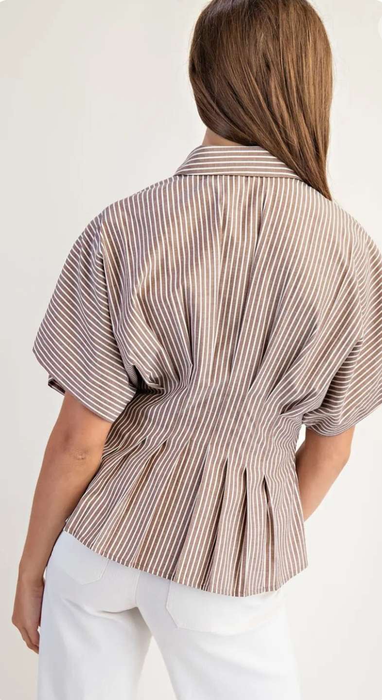 Coco-colored striped blouse featuring pleated detailing and button-down front.