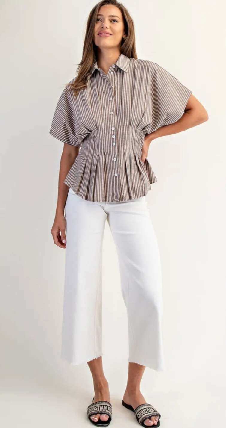 Coco-colored striped blouse featuring pleated detailing and button-down front.