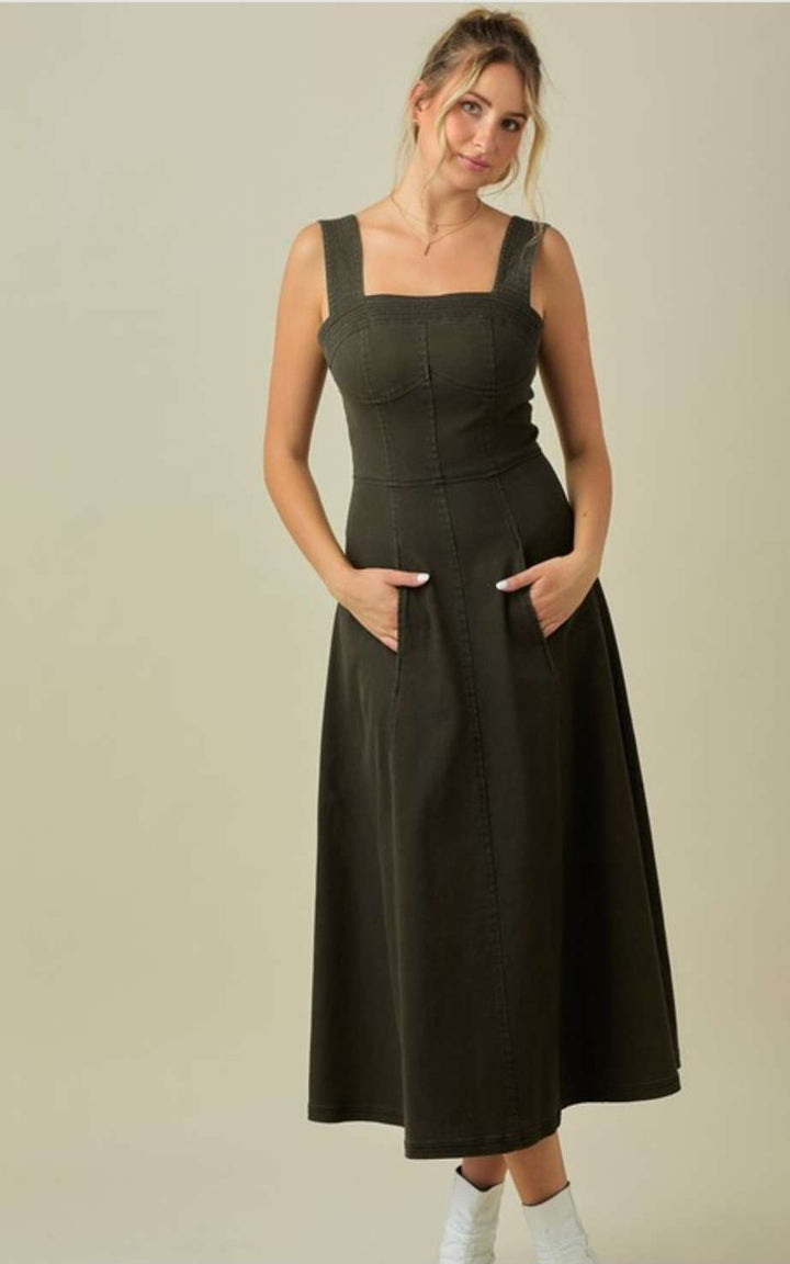 Women's olive denim midi dress made from soft cotton twill, perfect for chic everyday wear.