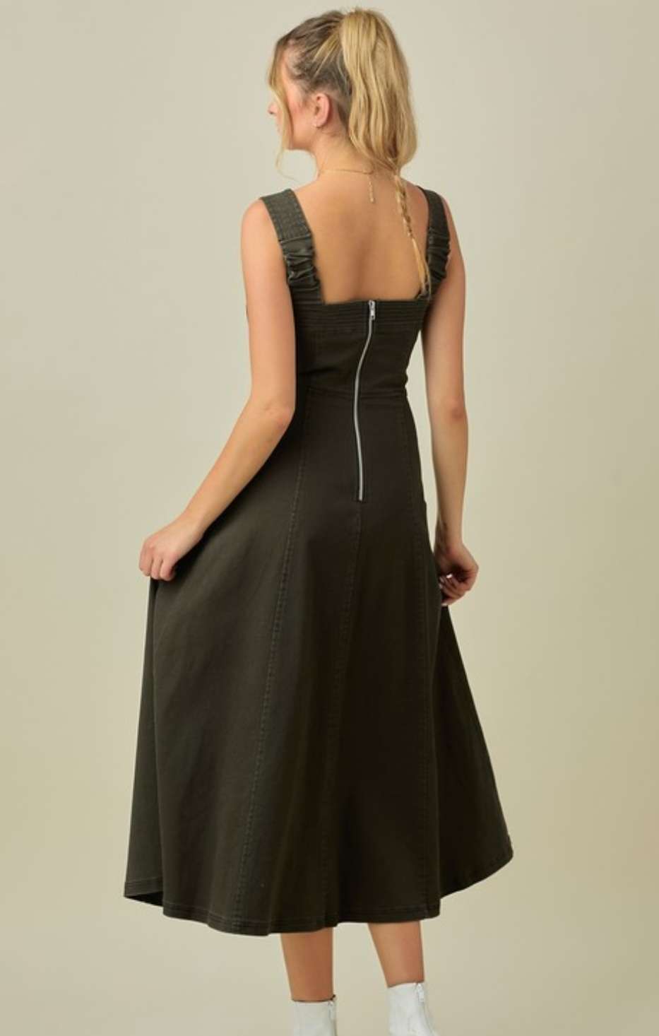 Women's olive denim midi dress made from soft cotton twill, perfect for chic everyday wear.