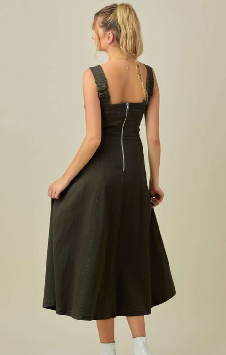 Women's olive denim midi dress made from soft cotton twill, perfect for chic everyday wear.