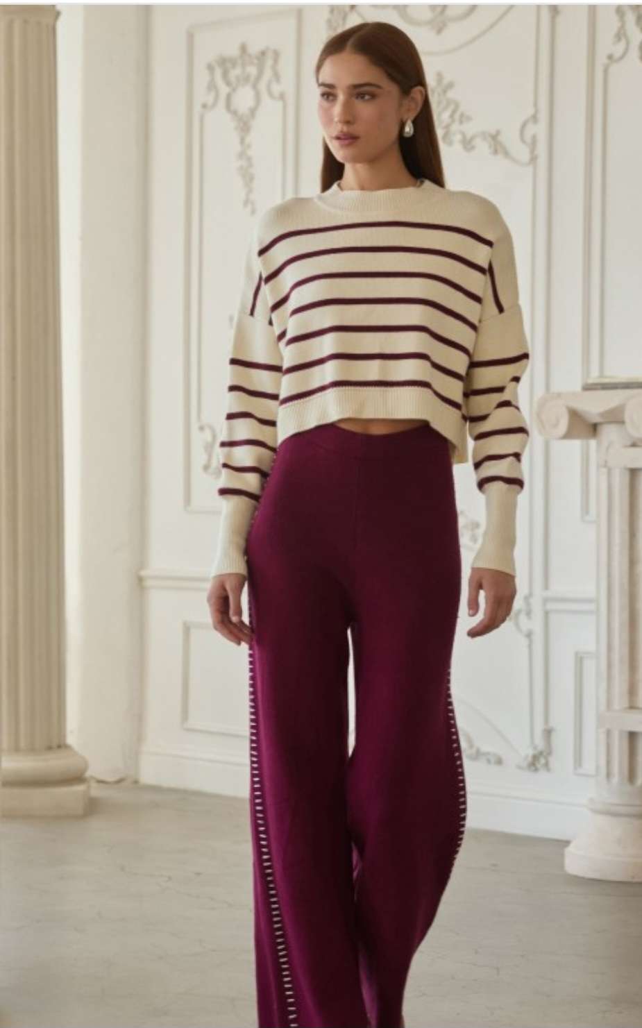 Ivory and burgundy striped crop sweater for women with long sleeves and soft knit fabric.
