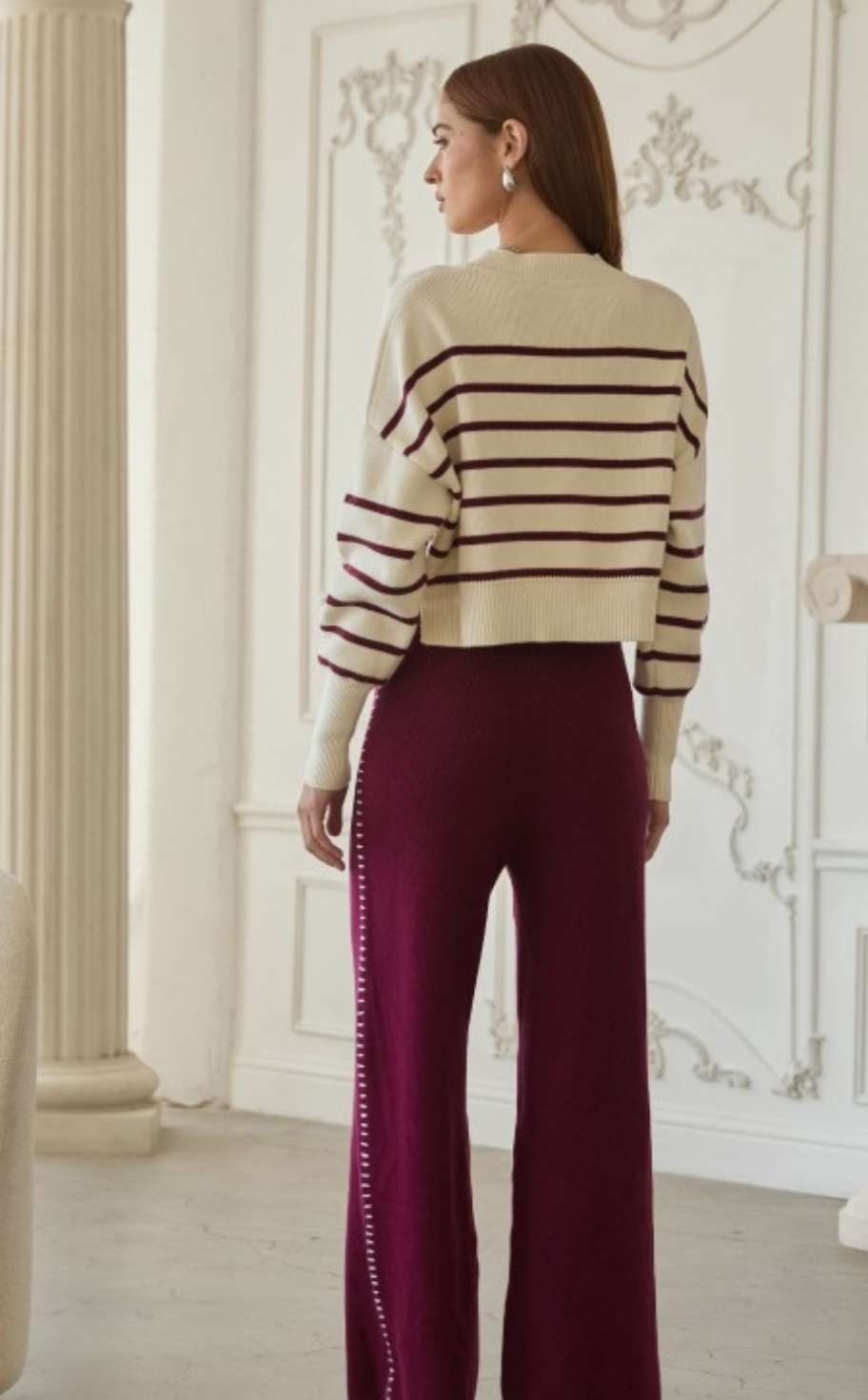 Ivory and burgundy striped crop sweater for women with long sleeves and soft knit fabric.