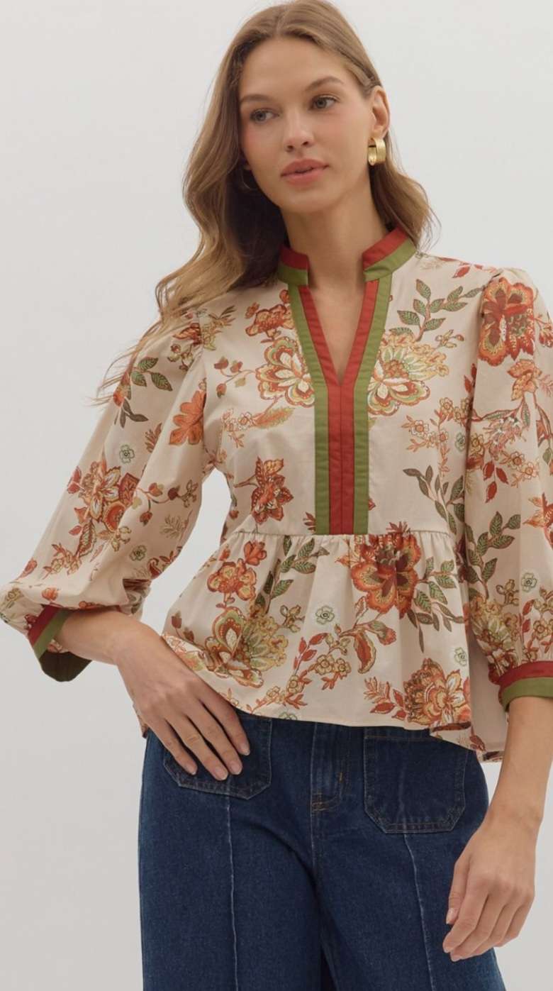 Ecru and brick floral peplum top for women with ruffle hem and puff sleeves