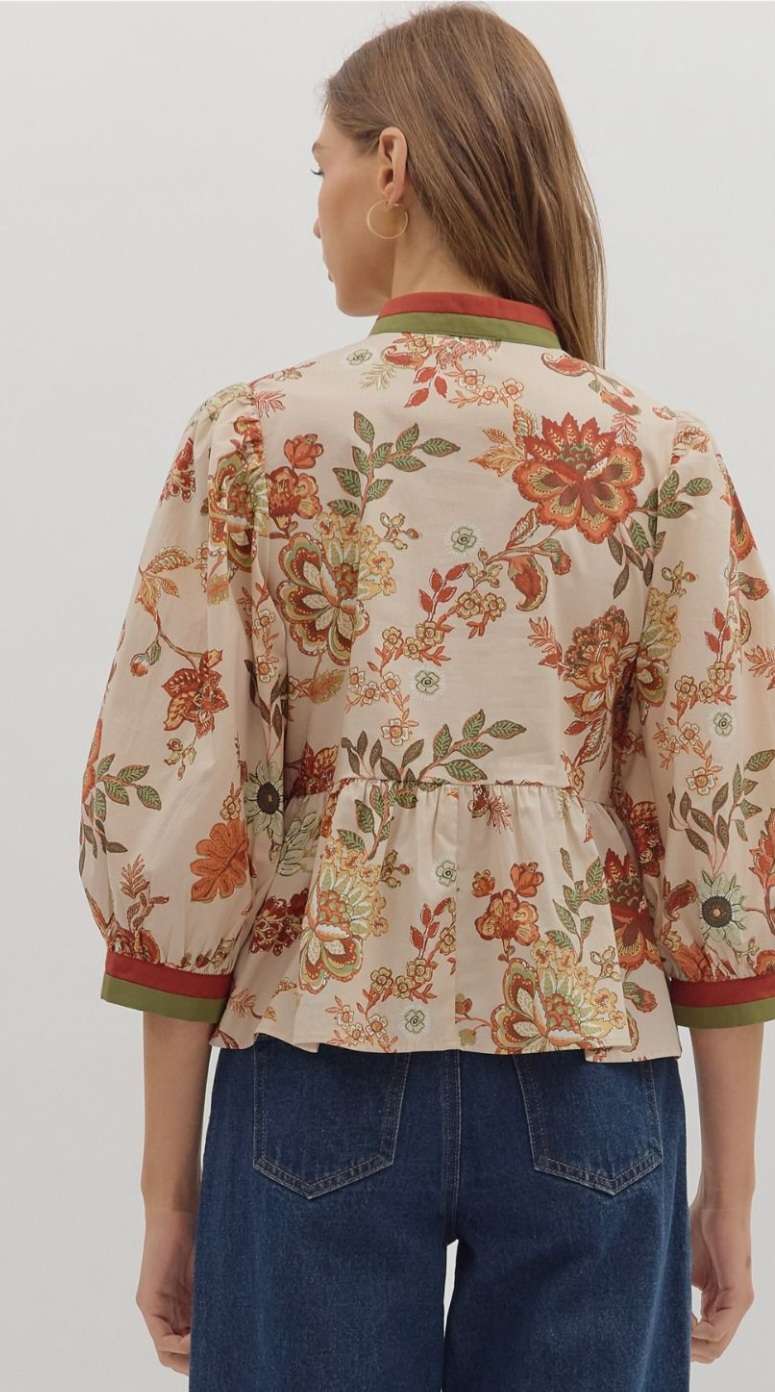 Ecru and brick floral peplum top for women with ruffle hem and puff sleeves