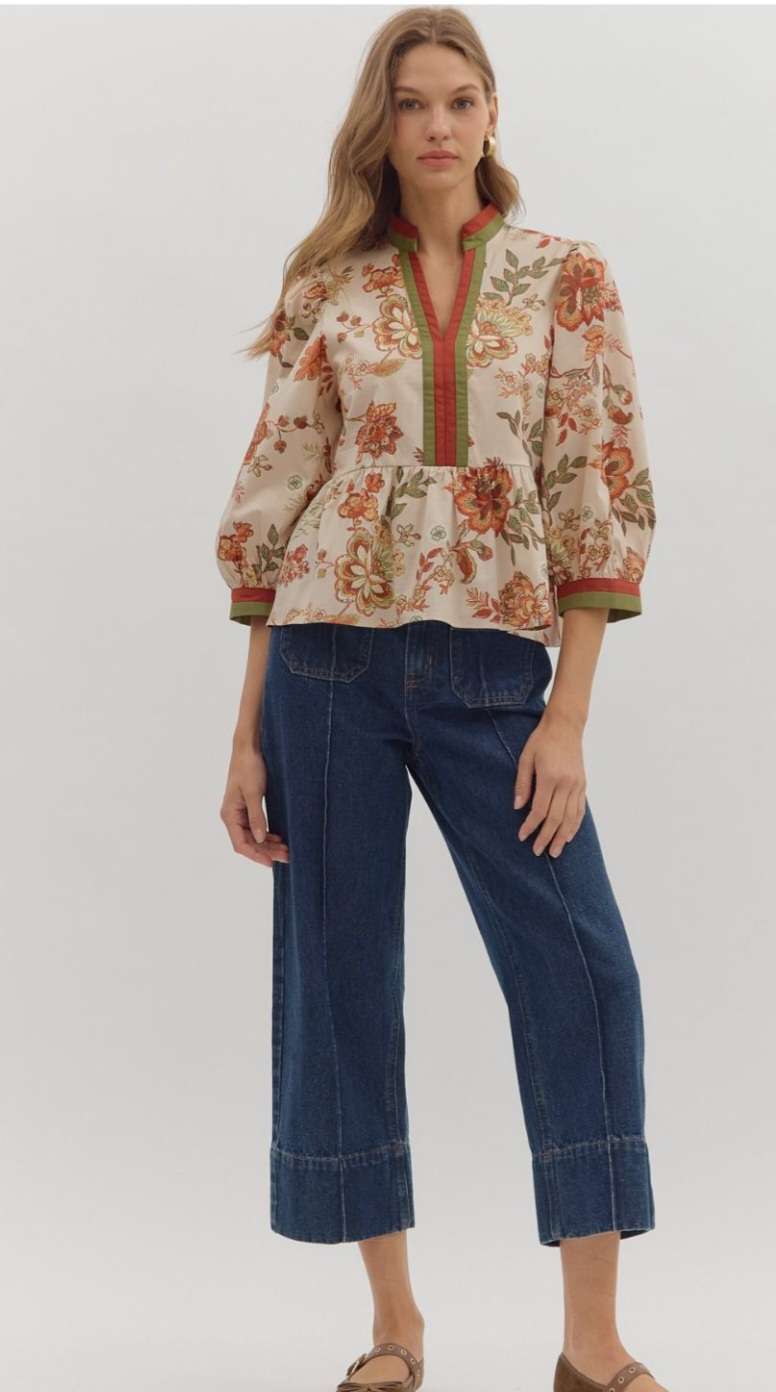 Ecru and brick floral peplum top for women with ruffle hem and puff sleeves