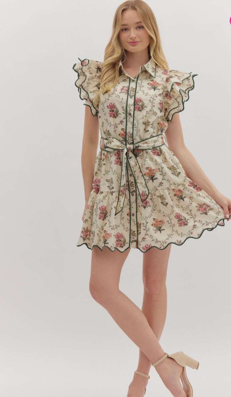 Ecru floral dress with green trim, featuring delicate floral print and elegant lightweight fabric