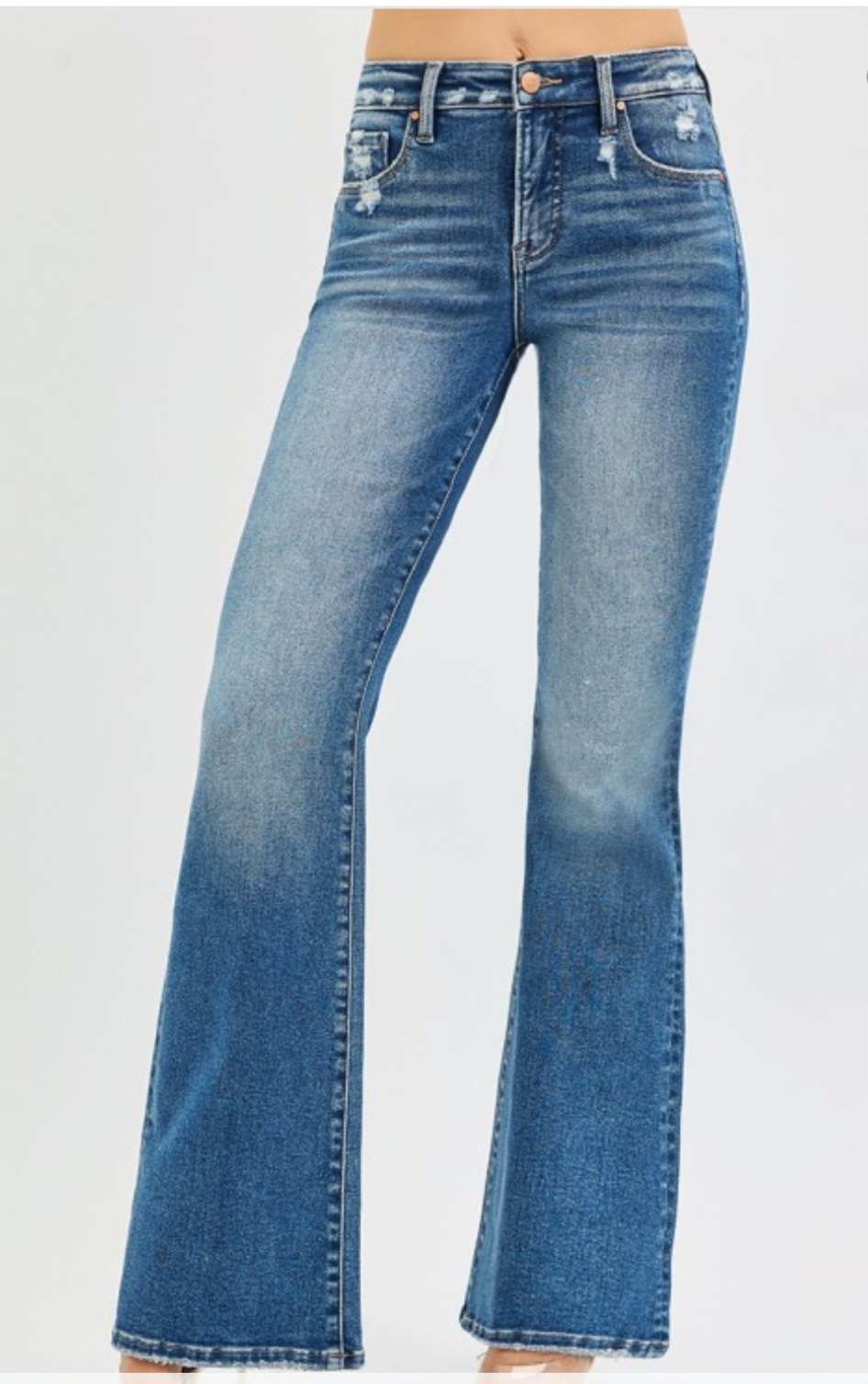 High-rise flare jeans in medium wash denim with classic five-pocket design and flattering fit.