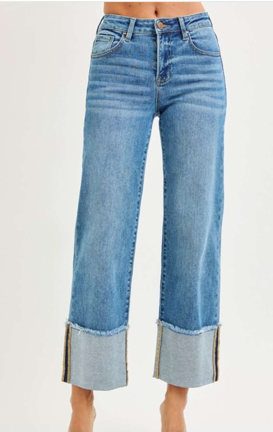 Mid rise crop wide cuff jeans for women in light blue denim, featuring relaxed fit and trendy cropped wide leg design.