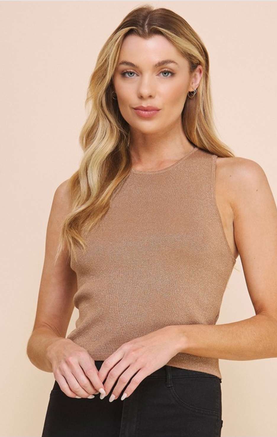 Shimmery high neck racerback tank top for women – sleeveless metallic with stylish shimmer finish.