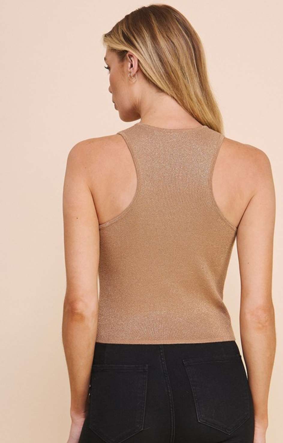 Shimmery high neck racerback tank top for women – sleeveless metallic with stylish shimmer finish.