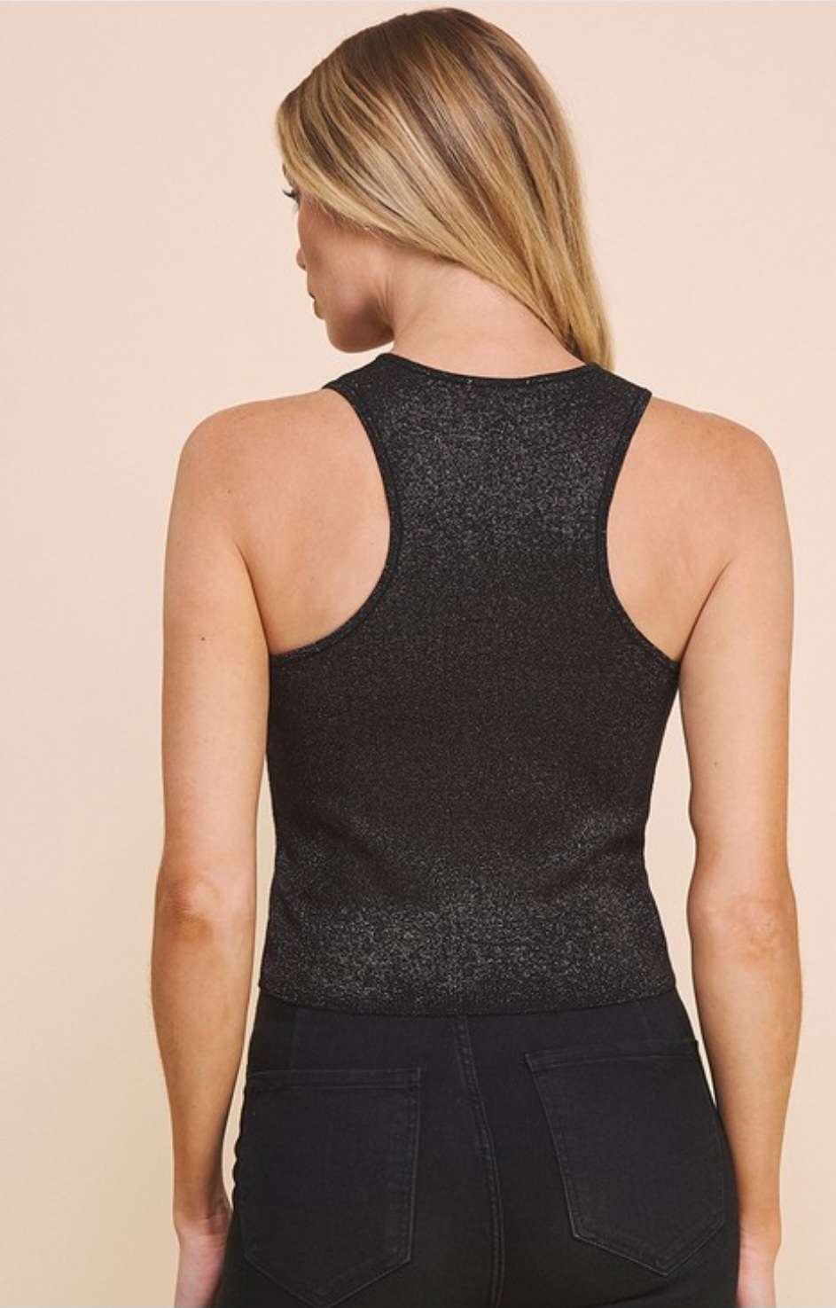 Shimmery high neck racerback tank top for women – sleeveless metallic with stylish shimmer finish.