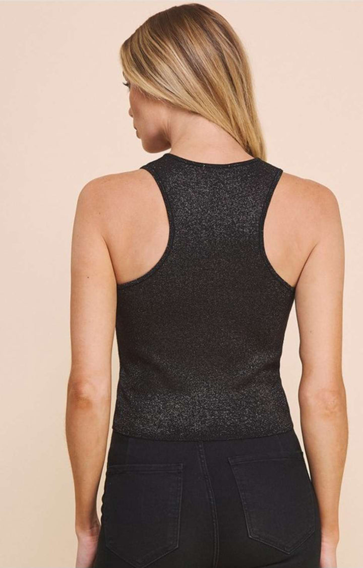 Shimmery high neck racerback tank top for women – sleeveless metallic with stylish shimmer finish.