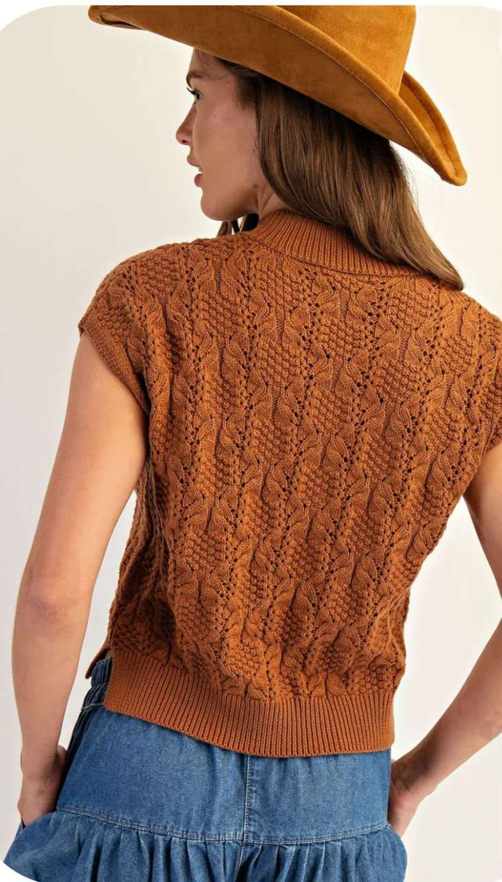 Brown sleeveless sweater featuring a mock neck and soft knit fabric
