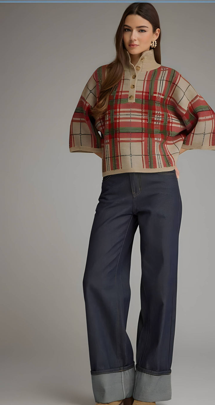 Taupe Red Green Plaid Sweater