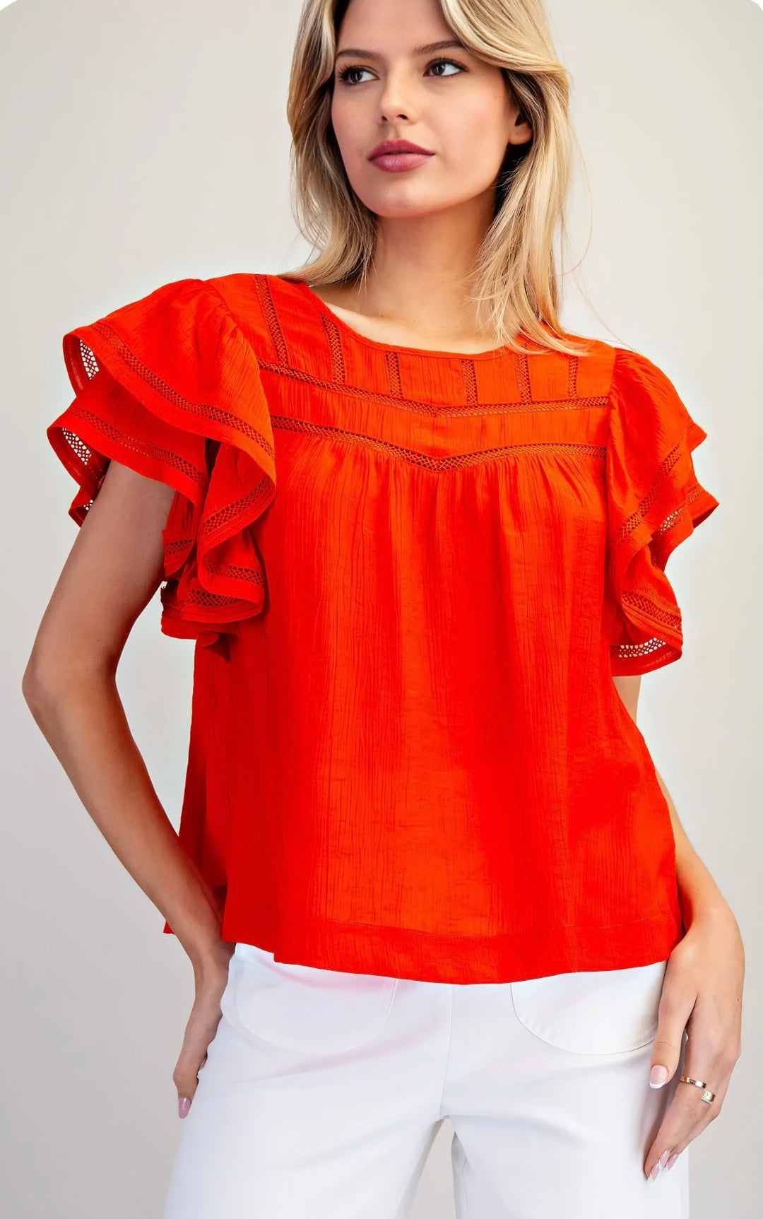 Tomato red ruffle sleeve top for women, stylish casual blouse with soft fabric and feminine design
