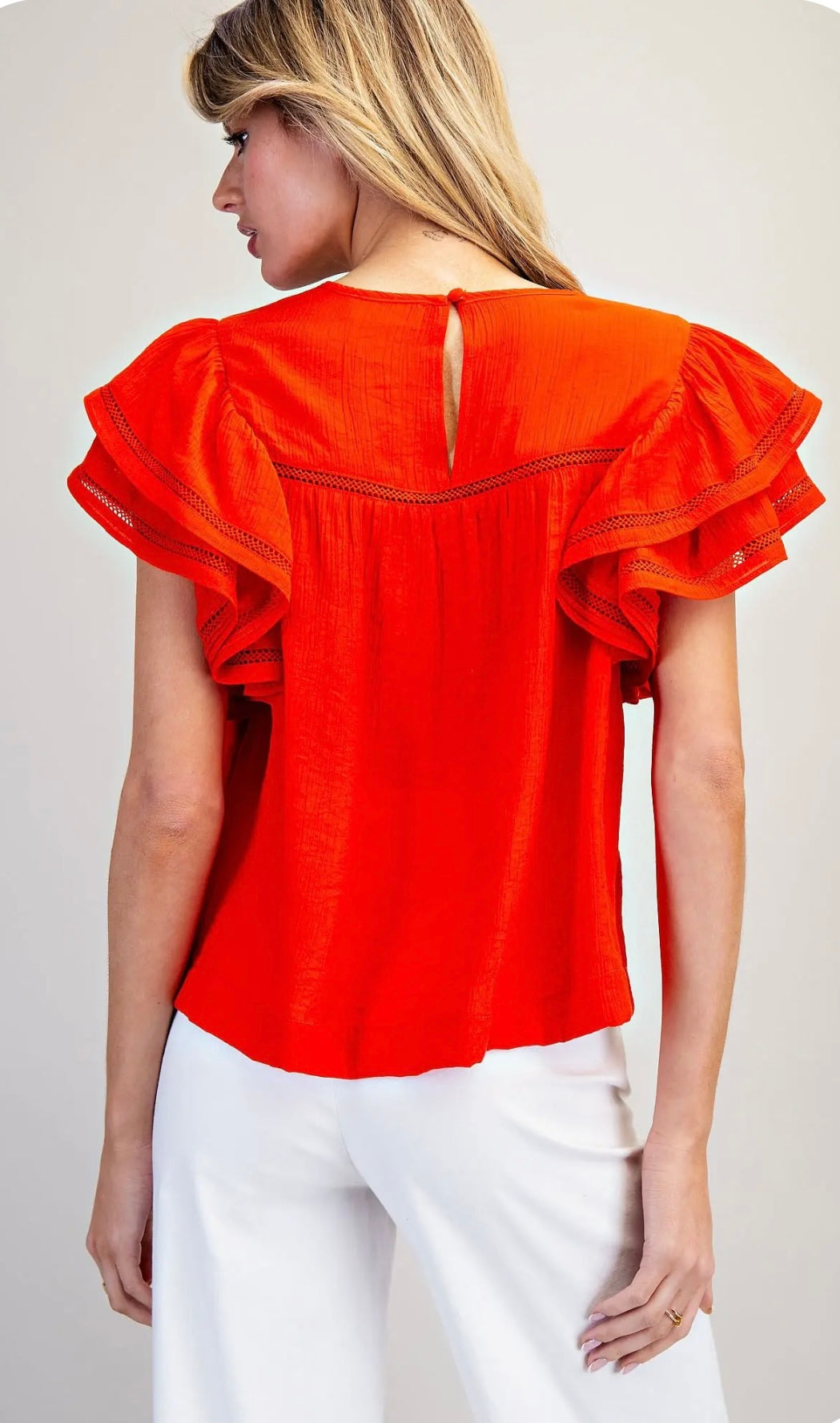 Tomato red ruffle sleeve top for women, stylish casual blouse with soft fabric and feminine design