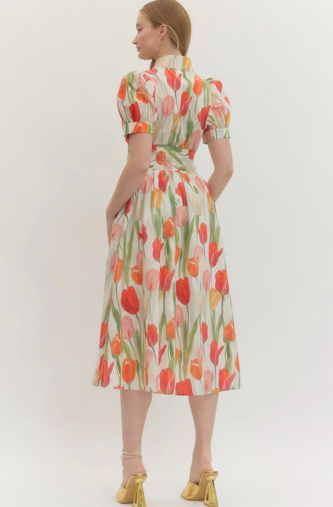 Tulip Print Zipper Midi Dress